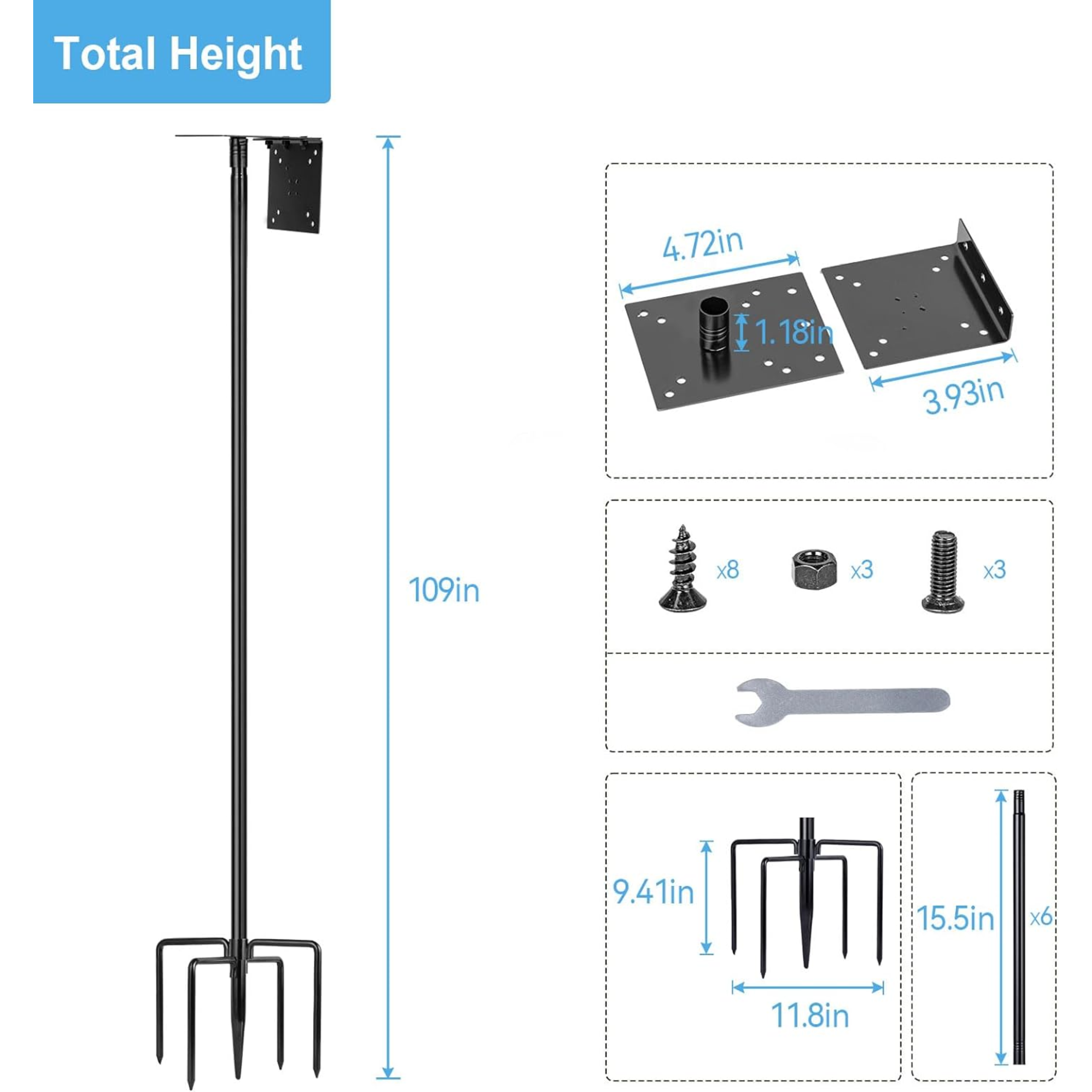 Bird House Pole, 1 Pack 109 Inch Heavy Duty Bird Feeder Pole Mount Kit with 5 Prongs Base for Outdoors, Adjustable Bird Feeder Stand for Wild Birds Watching (Bird House Not Included) - Horizon Bliss