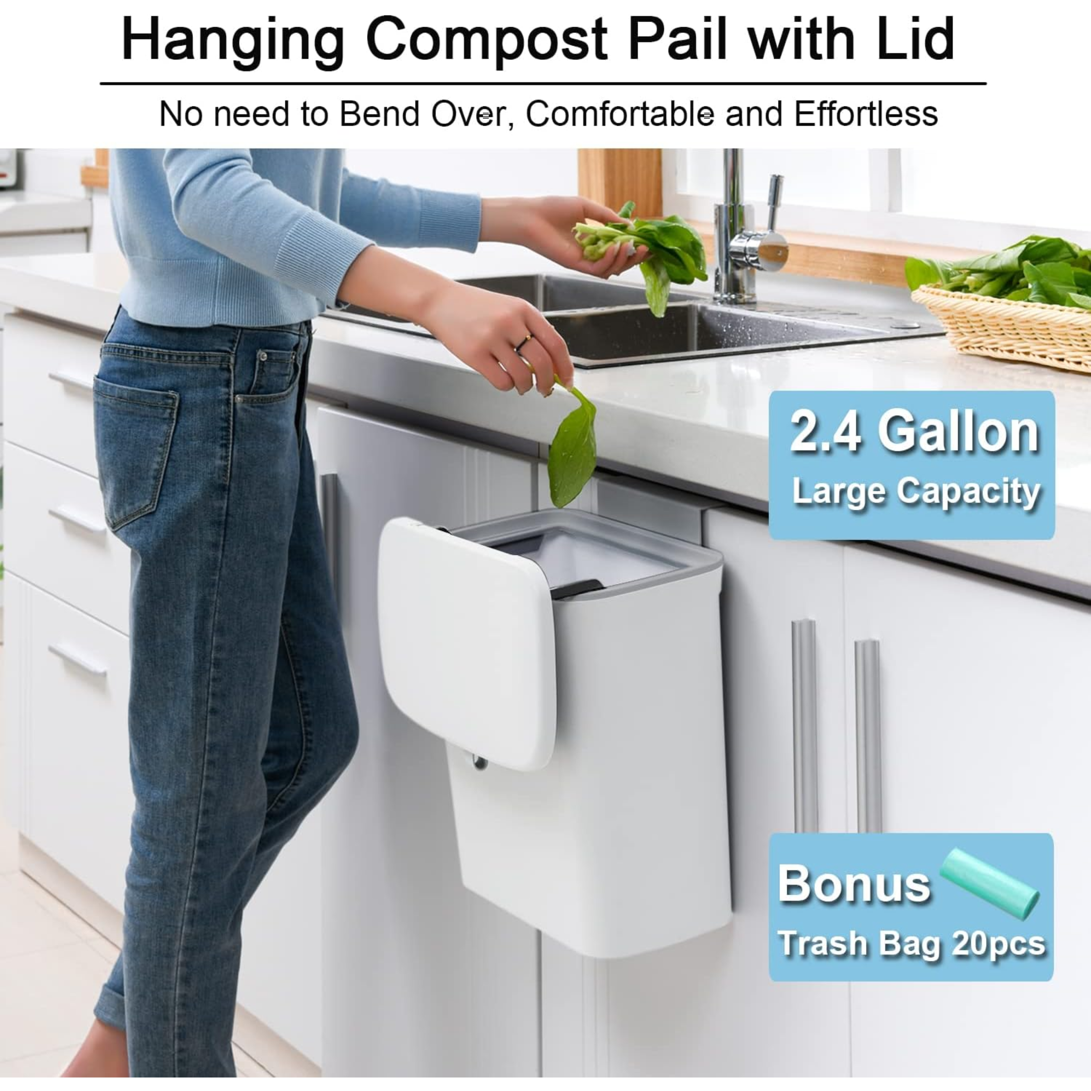 2.4 Gallon Kitchen Compost Bin for Counter Top or Under Sink, Hanging Small Trash Can with Lid for Cupboard/Bathroom/Bedroom/Office/Camping, Mountable Indoor Compost Bucket, White - Horizon Bliss