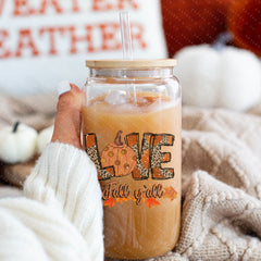 16oz Love Fall Yall Design Glass Cup with Bamboo Lid & Straw #100168