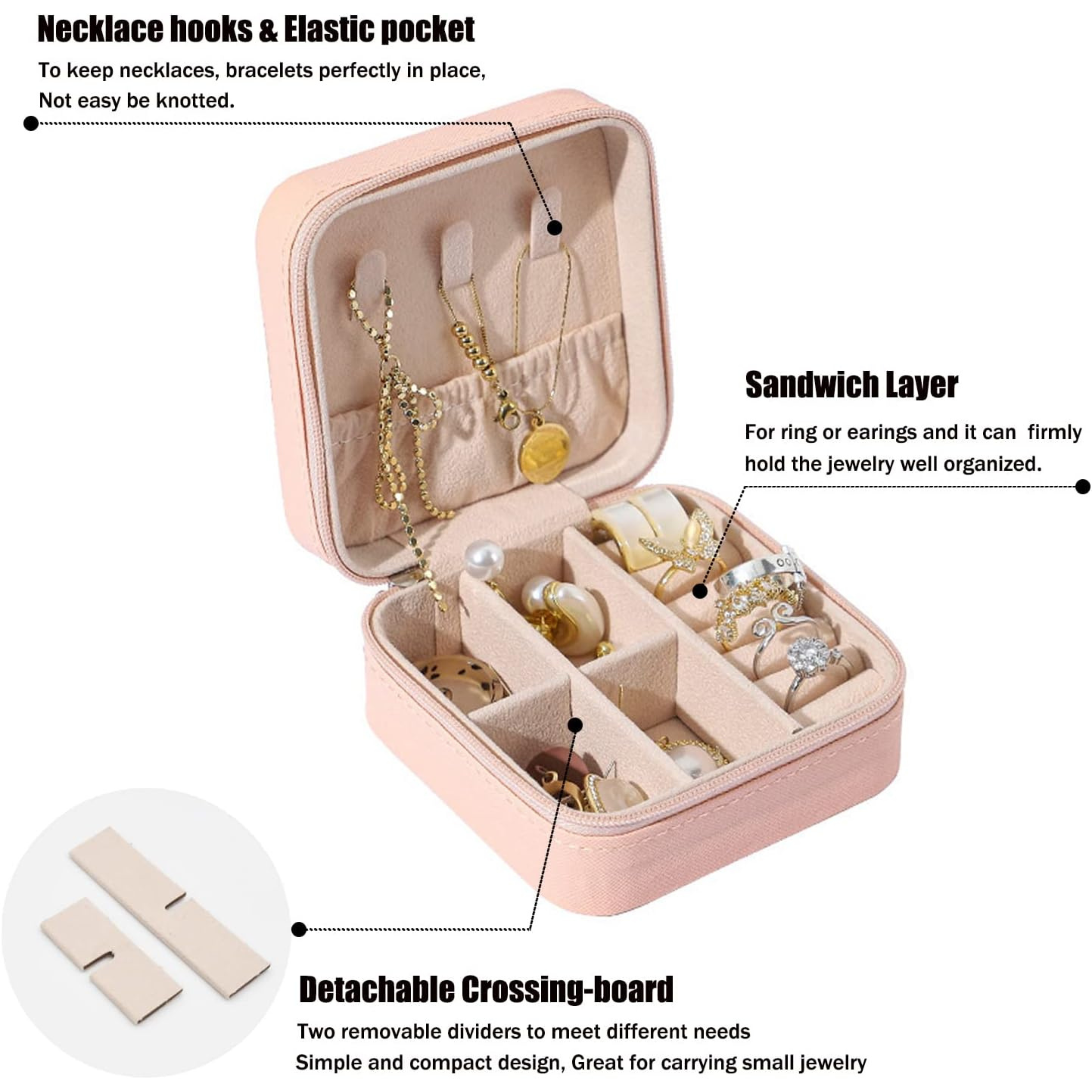 Mini Jewelry Travel Case, PU Leather Organizer Box, Small Portable Jewellery Storage Holder for Womens Rings Earrings Necklaces Bracelets (Pink) - Horizon Bliss