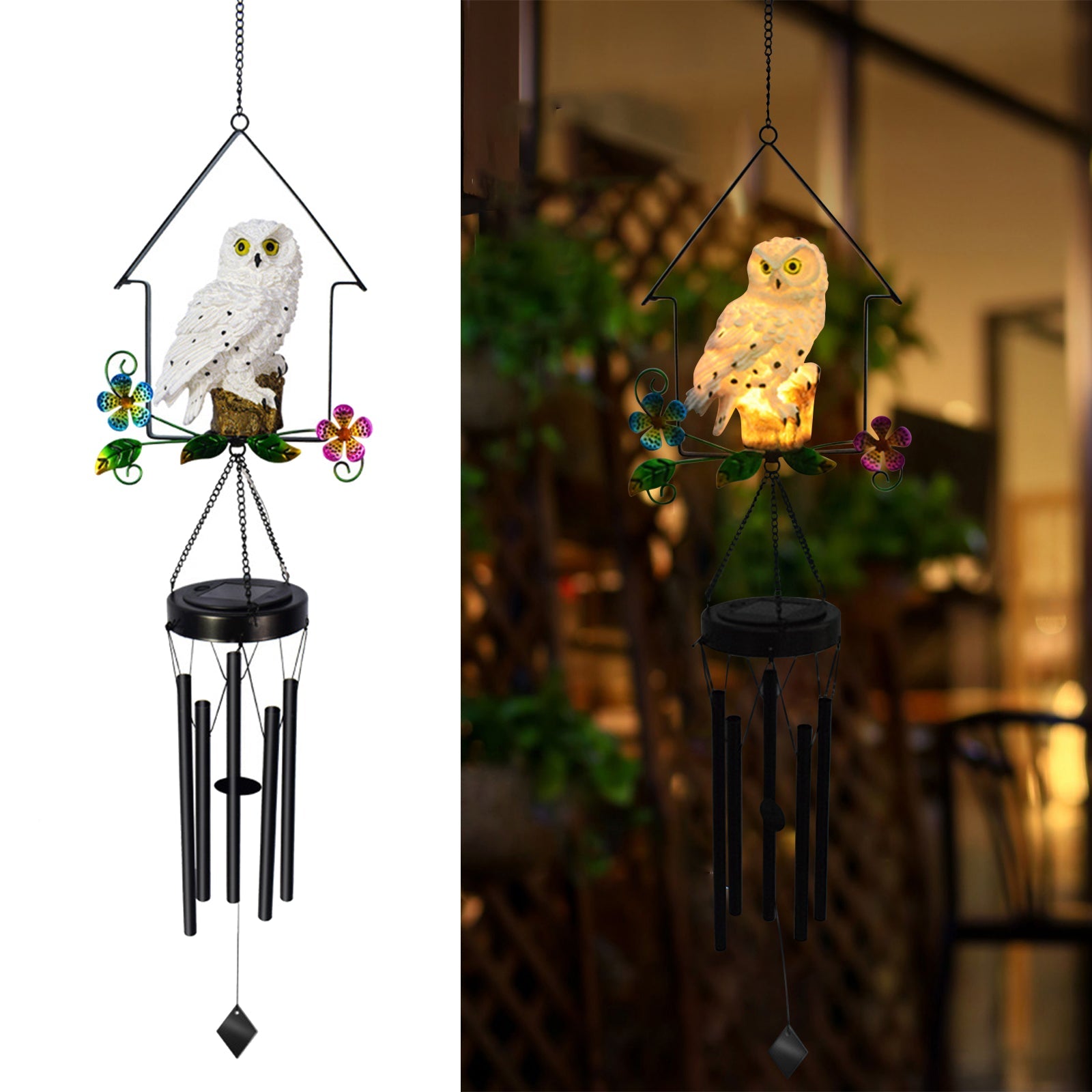 Solar Owl Wind Chime Light Outdoor LED Bird Sculpture Hanging Lamp - Horizon Bliss