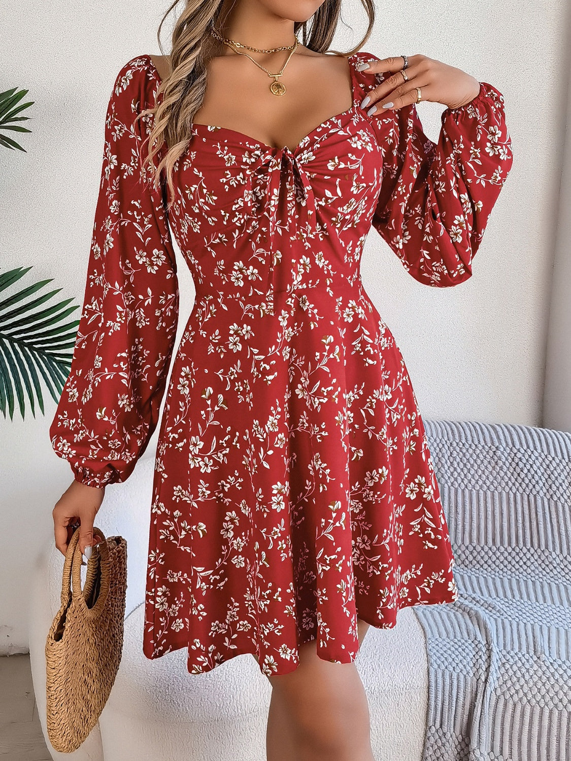 Printed Sweetheart Neck Balloon Sleeve Mini Dress