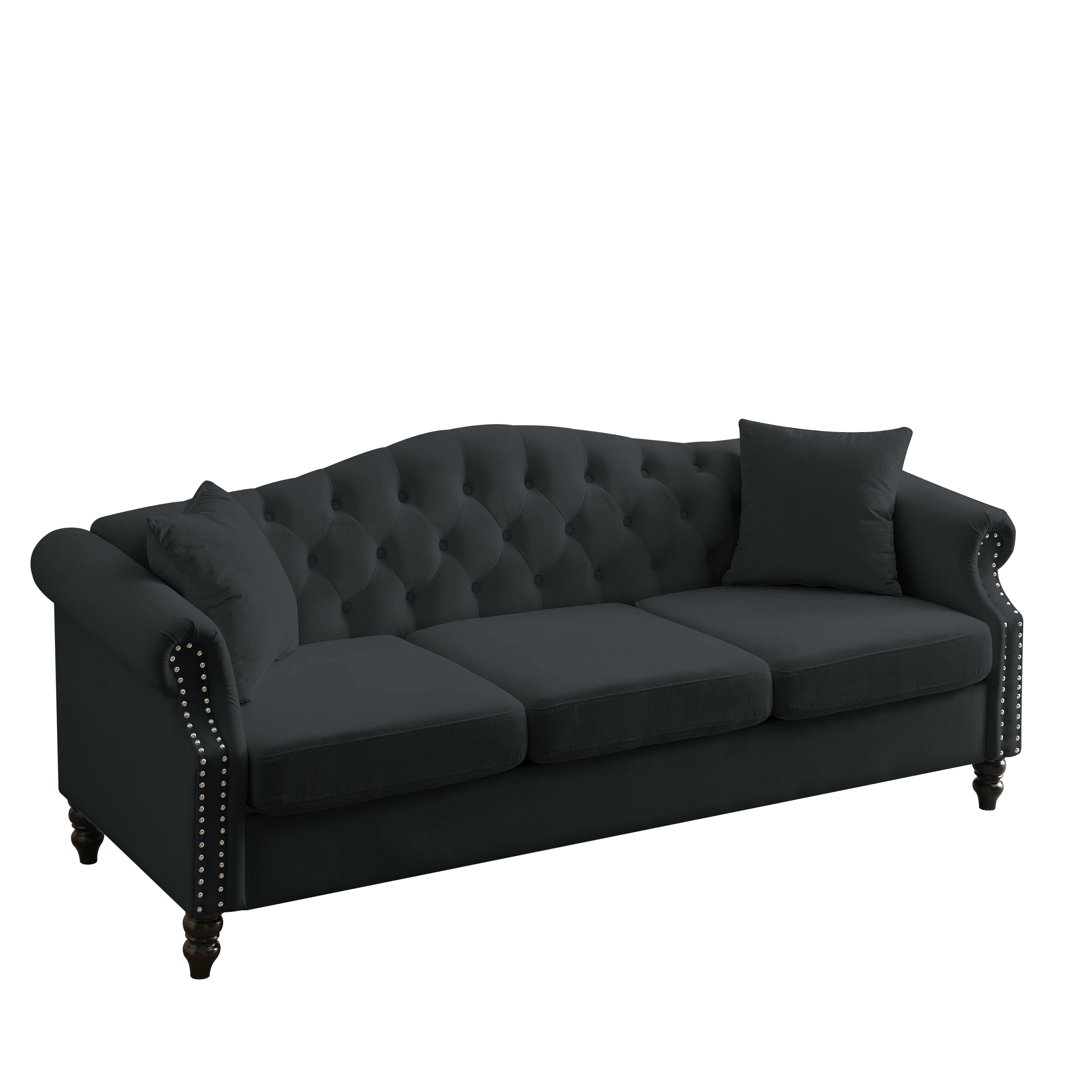 79" Chesterfield Sofa Black Velvet for Living Room, 3 Seater Sofa - Horizon Bliss