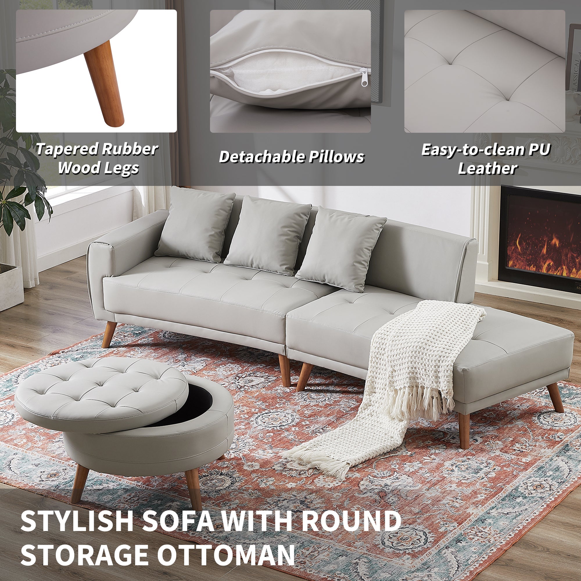 107" Contemporary Sofa Stylish Sofa Couch with a Round Storage Ottoman - Horizon Bliss