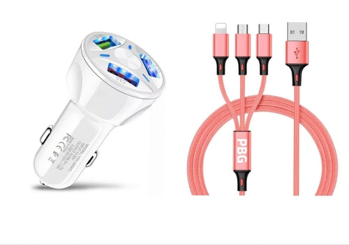 3 Port Fast LED White Car Charger + 3 in 1 Cable Combo Pink - Horizon Bliss