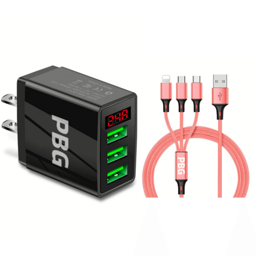 3 port LED Display Wall Charger  and 3 in 1 Cable Bundle Pink - Horizon Bliss