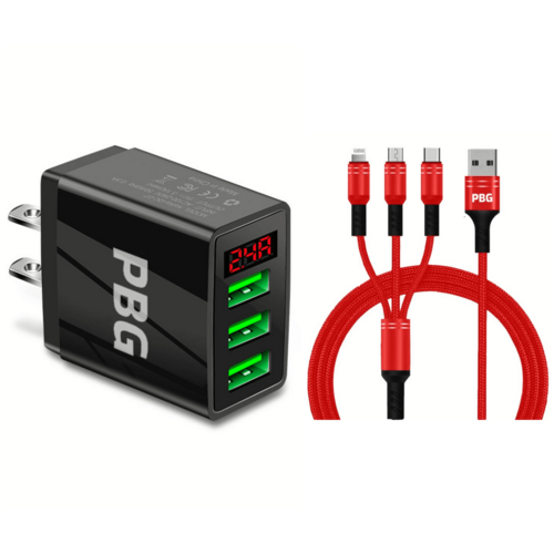 3 port LED Display Wall Charger  and 3 in 1 Cable Bundle Red - Horizon Bliss