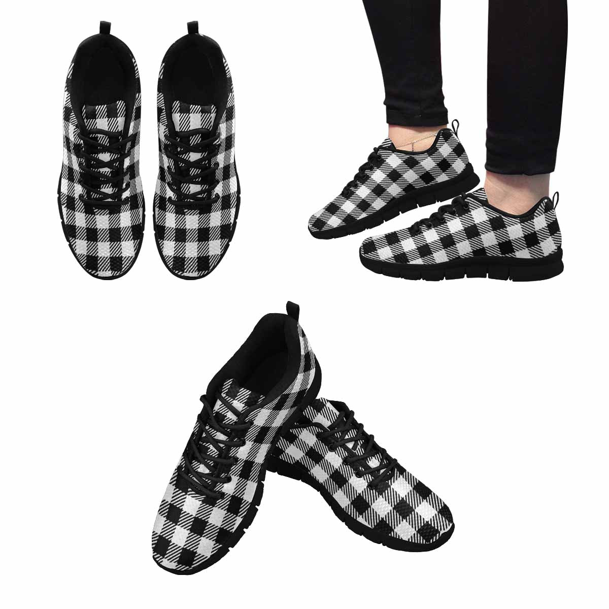 Sneakers For Men, Buffalo Plaid Black And White Running Shoe - Horizon Bliss