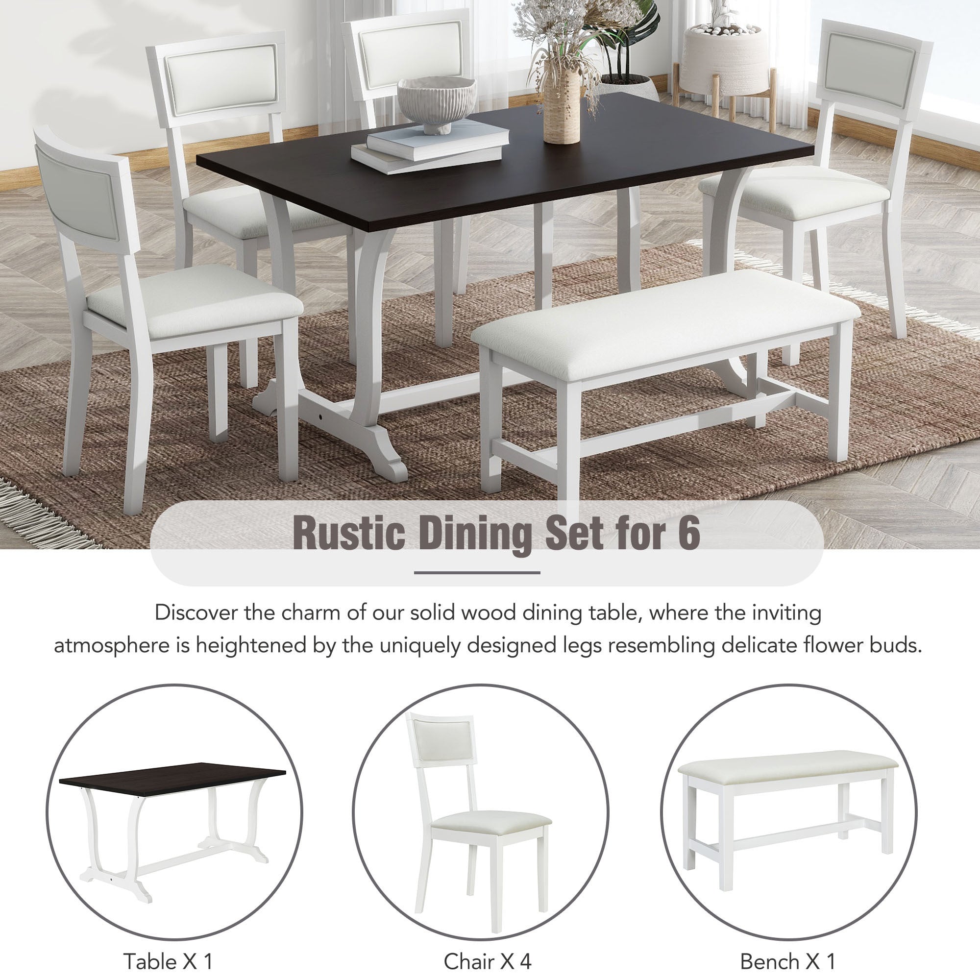 Farmhouse 6-Piece Trestle Dining Table Set with Upholstered Dining - Horizon Bliss