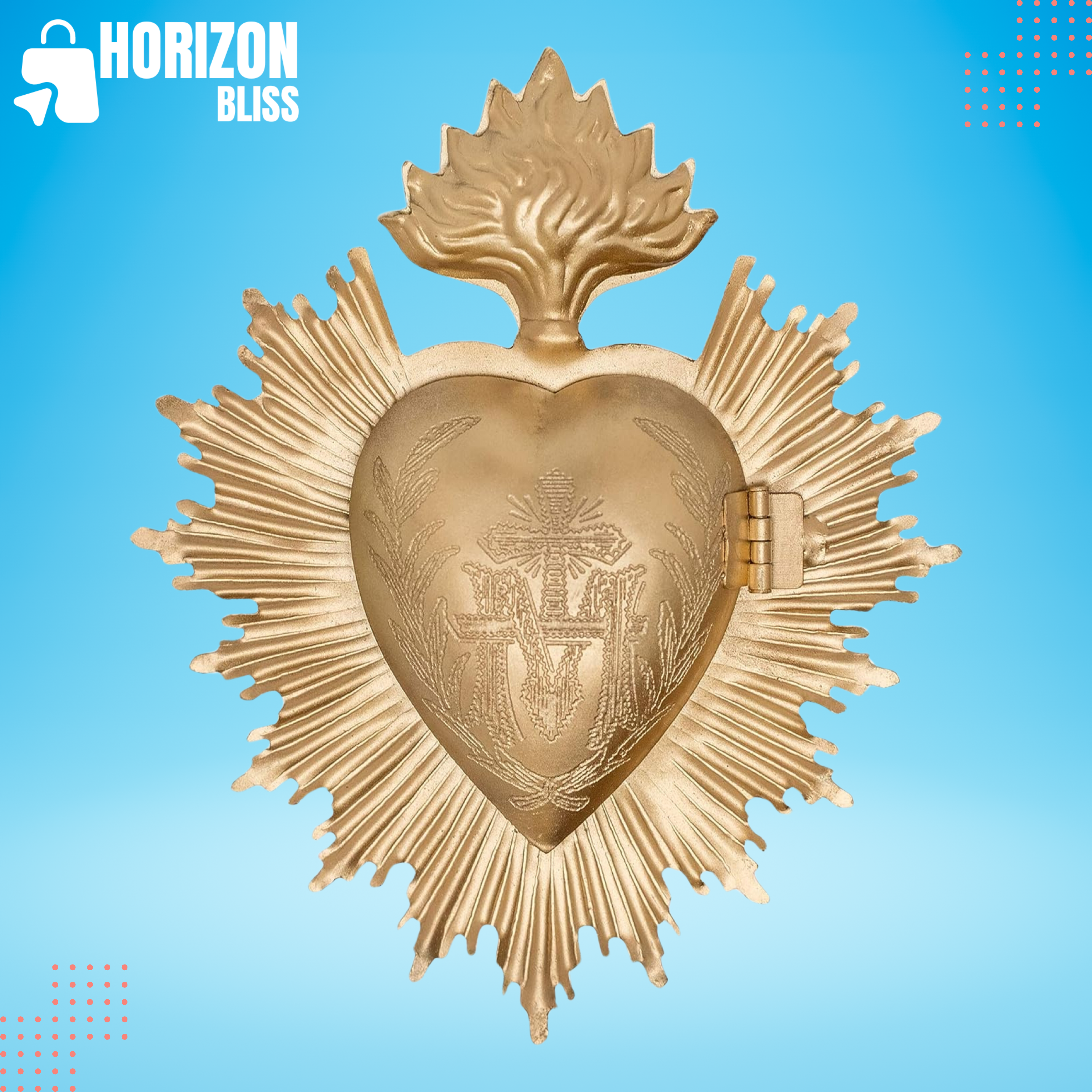 Sacred Heart, Metal Heart Milagro, Gold Heart Box, Ex Voto - Horizon Bliss