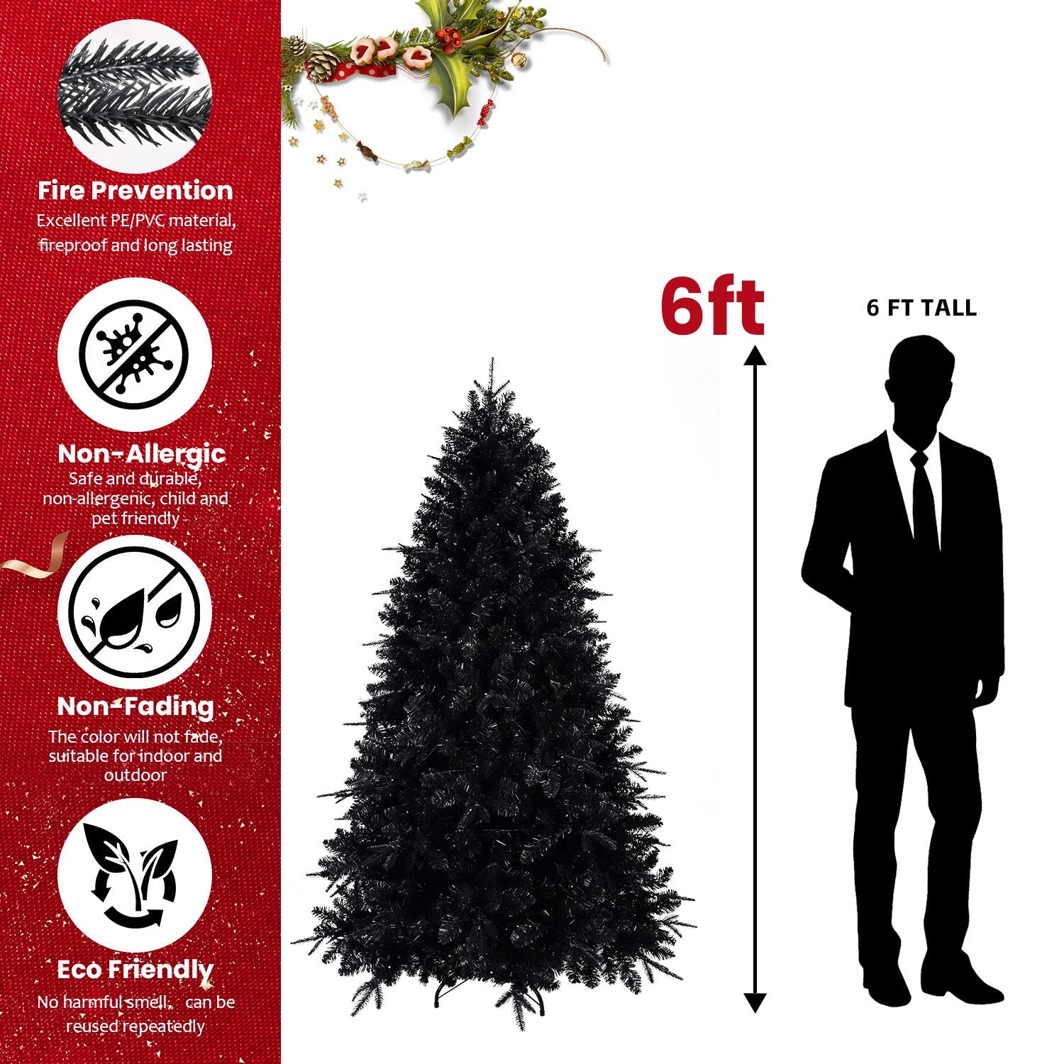 8ft Pre-Lit Black Christmas Tree, Full Halloween Xmas Artificial Tree