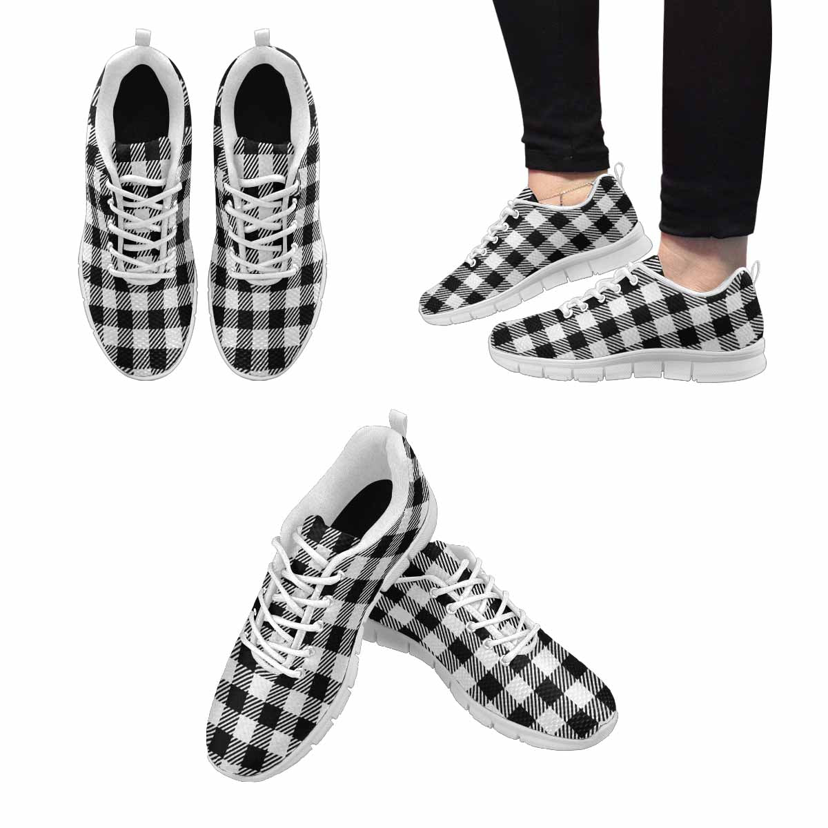 Sneakers For Men, Buffalo Plaid Black And White Running Shoes - Horizon Bliss