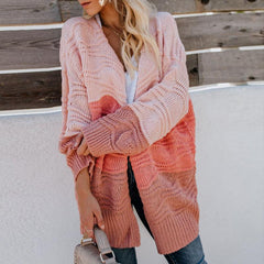 Patchwork Hit Color Knitted Long Sleeve Sweater Coat - Horizon Bliss