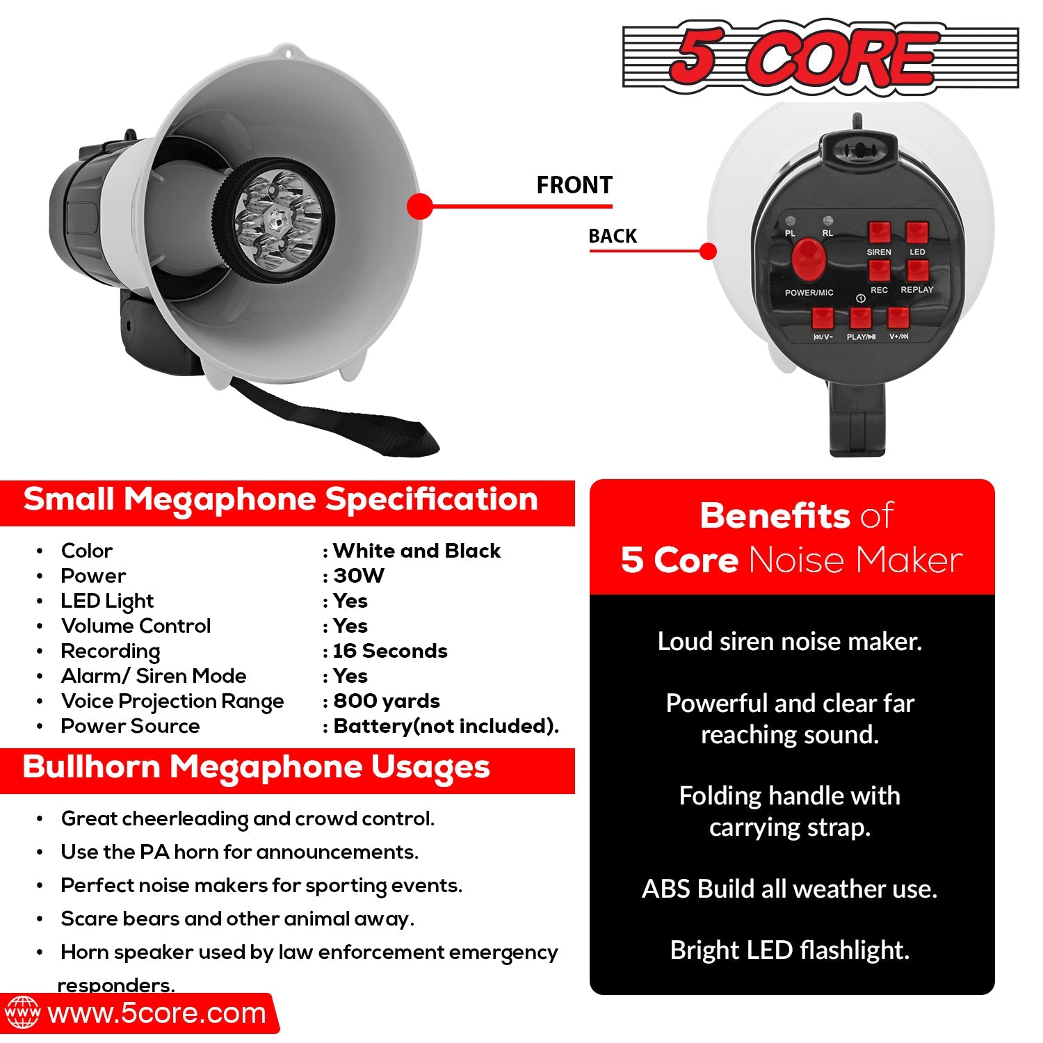 5 Core Megaphone Portable 30W BullhornSiren w LED Adjustable Volume - Horizon Bliss