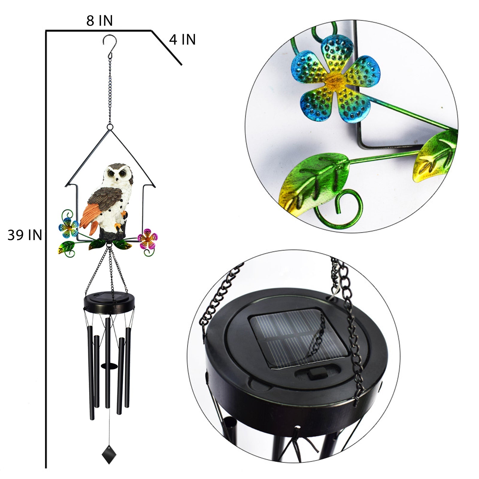 Solar Owl Wind Chime Light Outdoor LED Bird Sculpture Hanging Lamp - Horizon Bliss