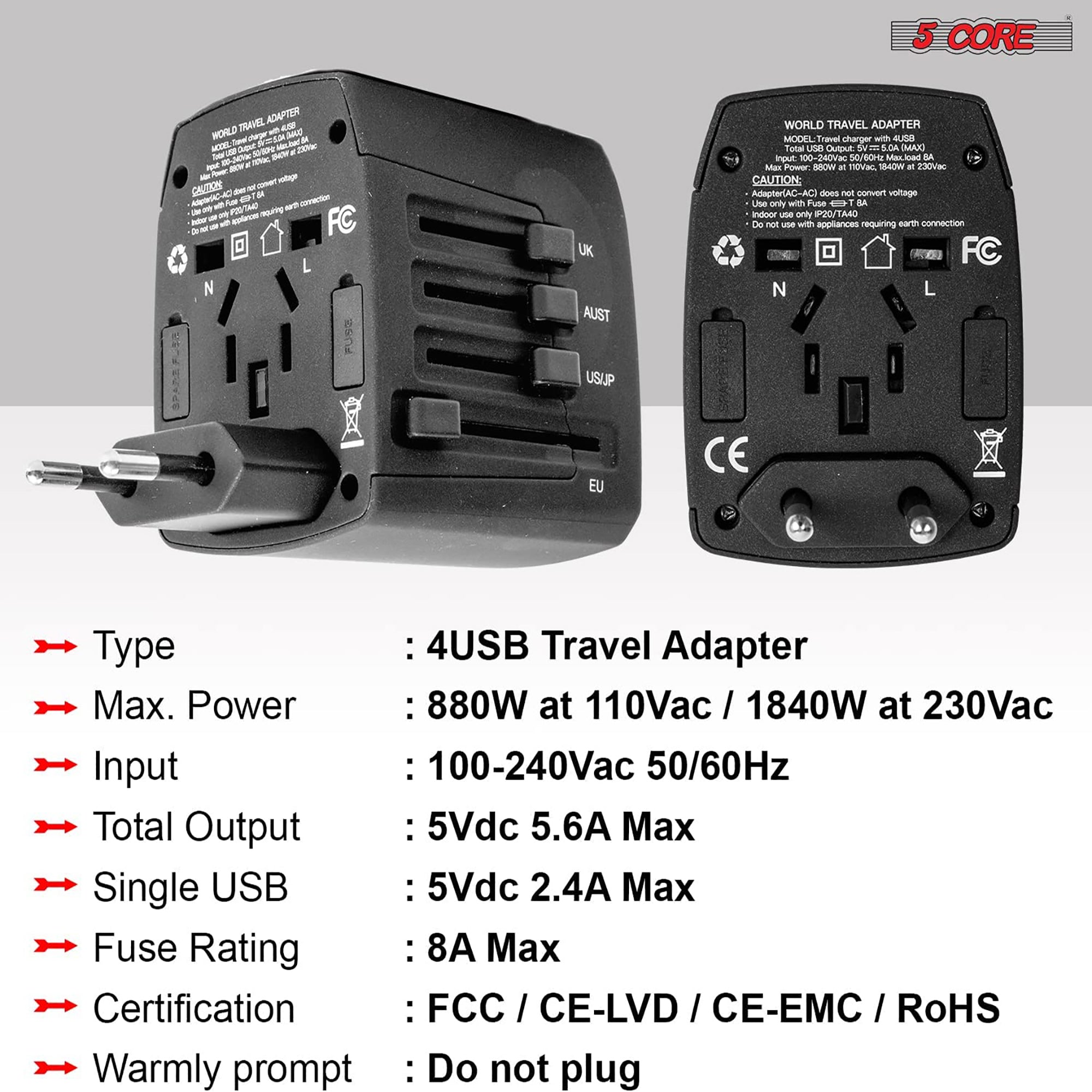 5Core Univedrsal Travel Adapter International Power Adapters 3 Pack