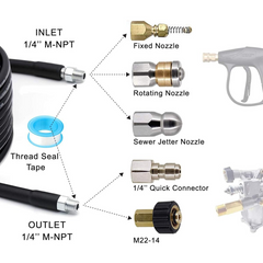 Pressure Washer Sewer Jetter Kit - 50Ft X1/4" Hydro Drain Jetter Cleaner Hose, Corner, Rotating and Button Nose Sewer Jetting Nozzle Waterproof Tape,Orifice 4.0 4.5,1/4 Inch NPT,5800 PSI - Horizon Bliss