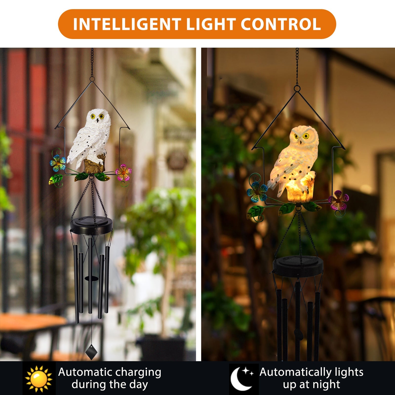 Solar Owl Wind Chime Light Outdoor LED Bird Sculpture Hanging Lamp - Horizon Bliss