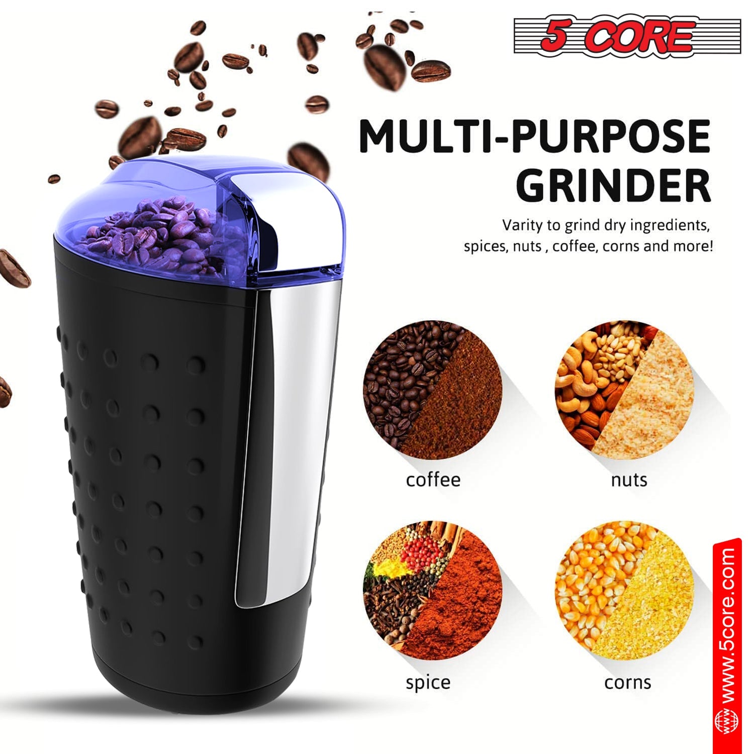 5 Core Coffee Grinder 85 Gram Capacity 150W Electric Bean Spice - Horizon Bliss