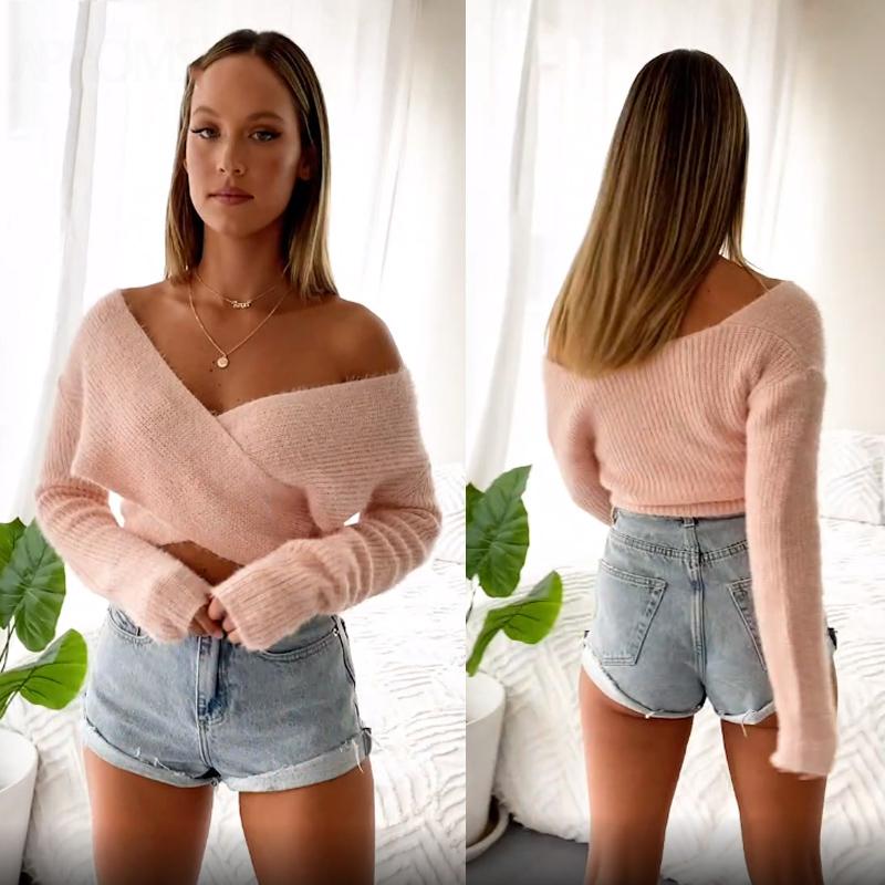 Pink Fluffy Knitted Sweater V-neck Wrap Front Cropped Pullovers - Horizon Bliss