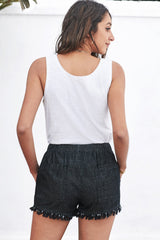 Casual Black Pocketed Frayed Denim Shorts - Horizon Bliss