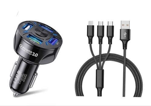 4 Port LED Car Charger + 3 in 1 Cable Combo Black - Horizon Bliss