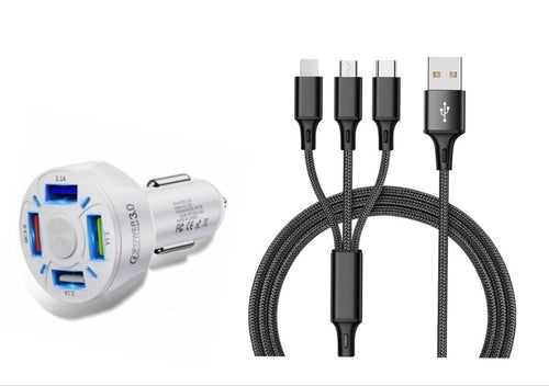 4 Port LED Car Charger + 3 in 1 Cable Combo Black - Horizon Bliss