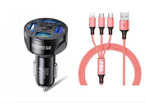 4 Port LED Car Charger + 3 in 1 Cable Combo Pink - Horizon Bliss