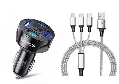 4 Port LED Car Charger + 3 in 1 Cable Combo Silver - Horizon Bliss