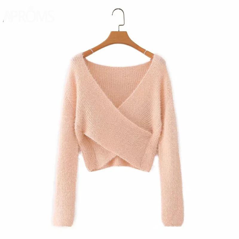 Pink Fluffy Knitted Sweater V-neck Wrap Front Cropped Pullovers - Horizon Bliss