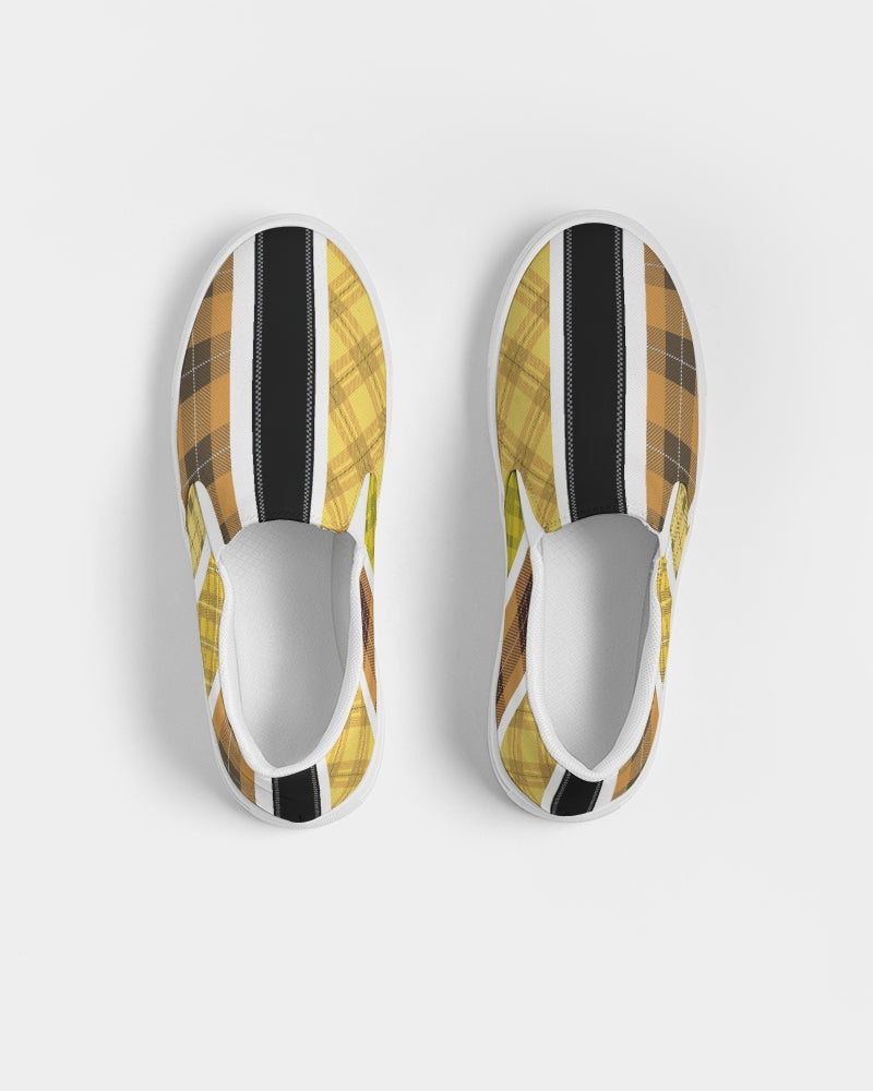 Mens Sneakers Slip On Canvas Yellow and Black Tartan Pattern - Horizon Bliss