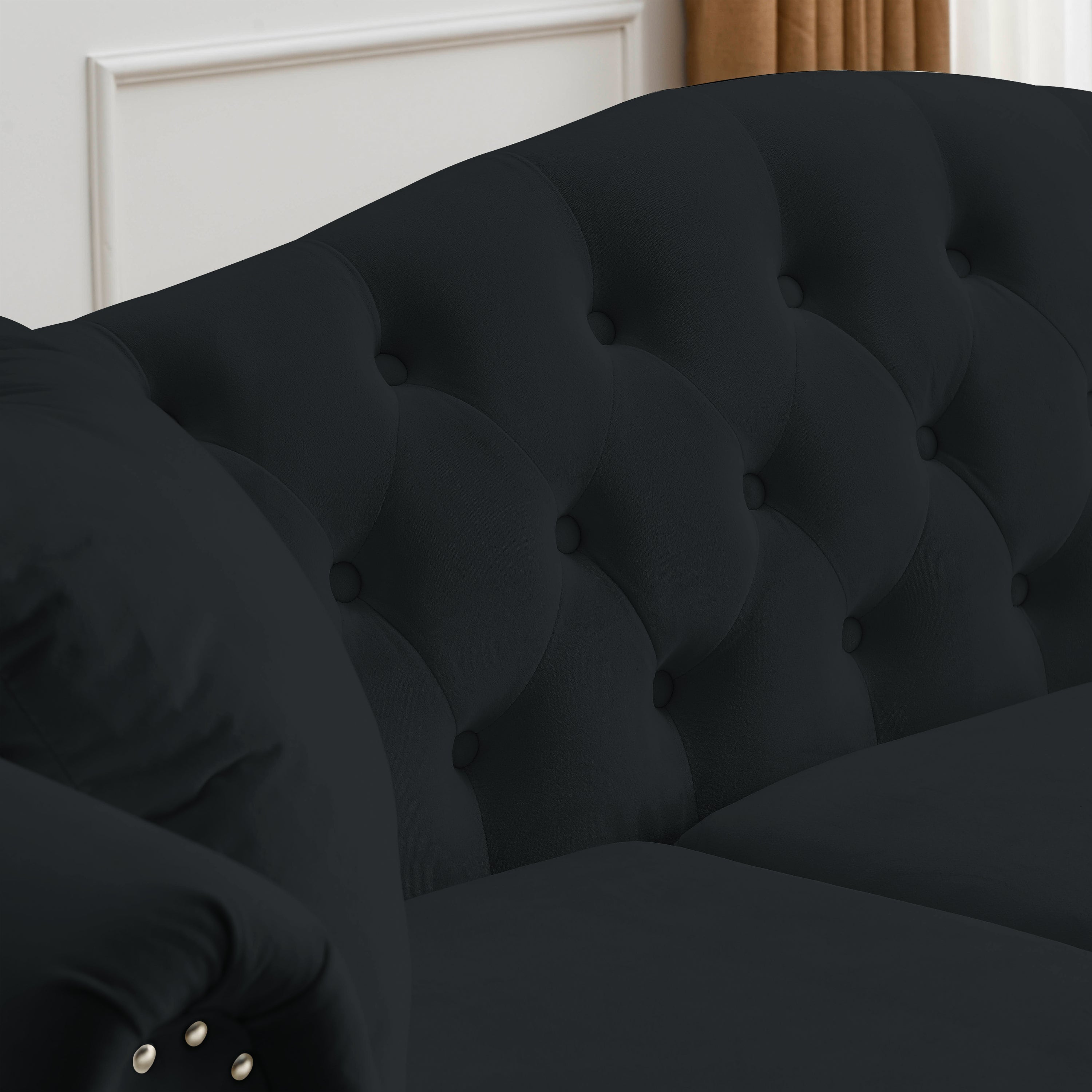 79" Chesterfield Sofa Black Velvet for Living Room, 3 Seater Sofa - Horizon Bliss