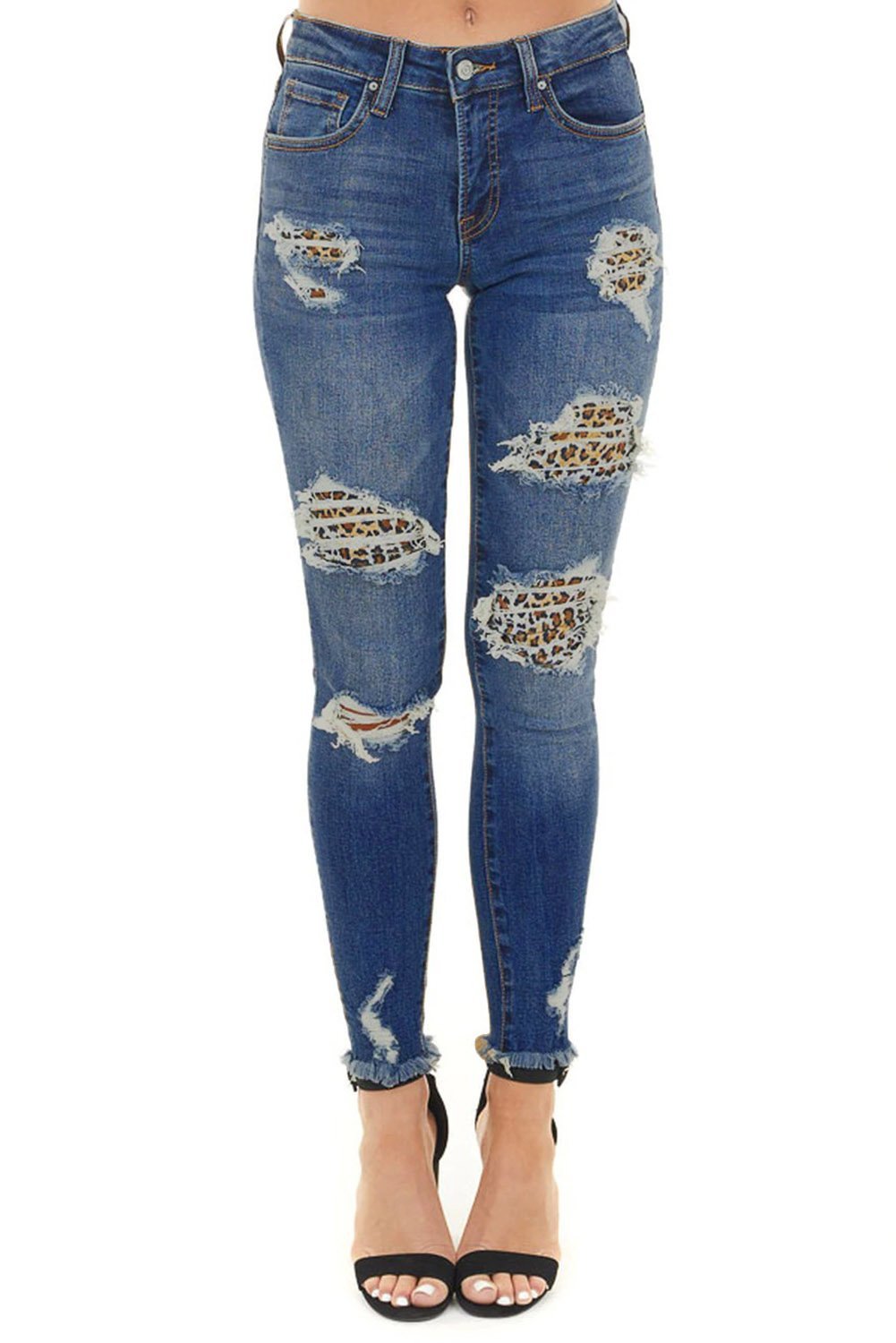 Women's Dark Blue Leopard Print Distressed Washed Skinny Jeans - Horizon Bliss