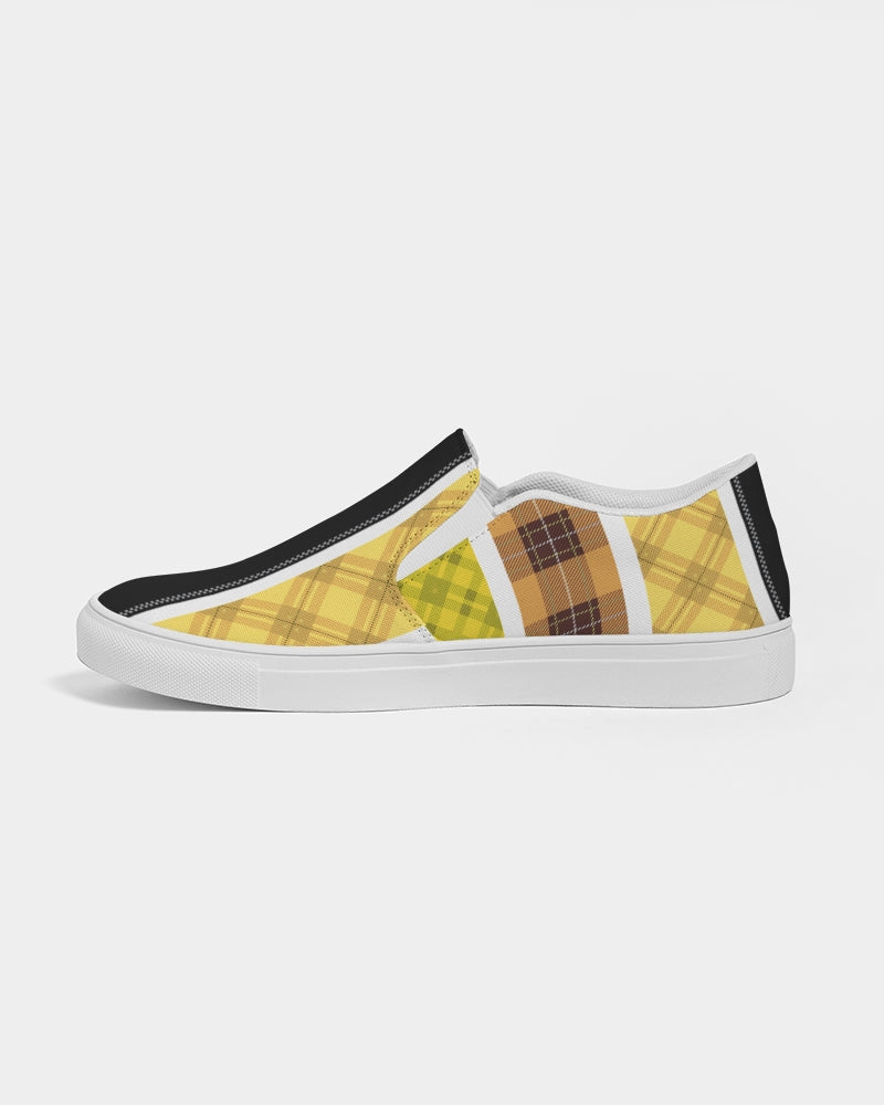 Mens Sneakers Slip On Canvas Yellow and Black Tartan Pattern - Horizon Bliss