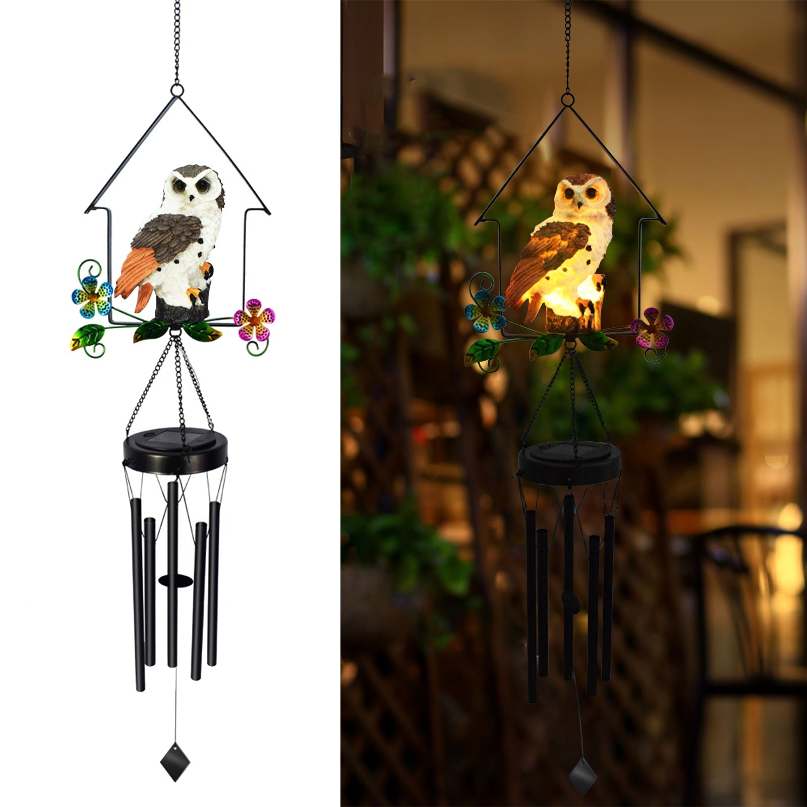 Solar Owl Wind Chime Light Outdoor LED Bird Sculpture Hanging Lamp - Horizon Bliss