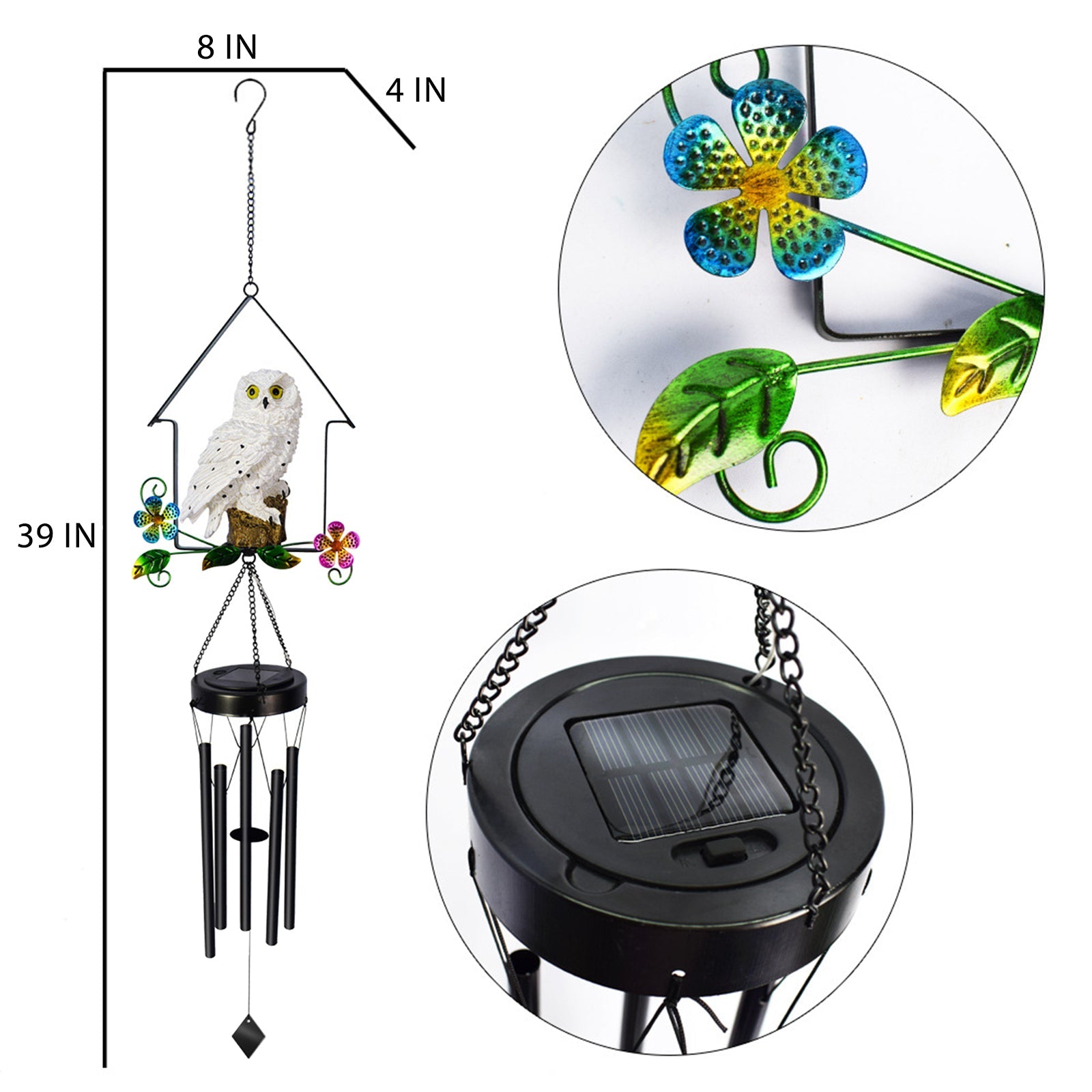 Solar Owl Wind Chime Light Outdoor LED Bird Sculpture Hanging Lamp - Horizon Bliss