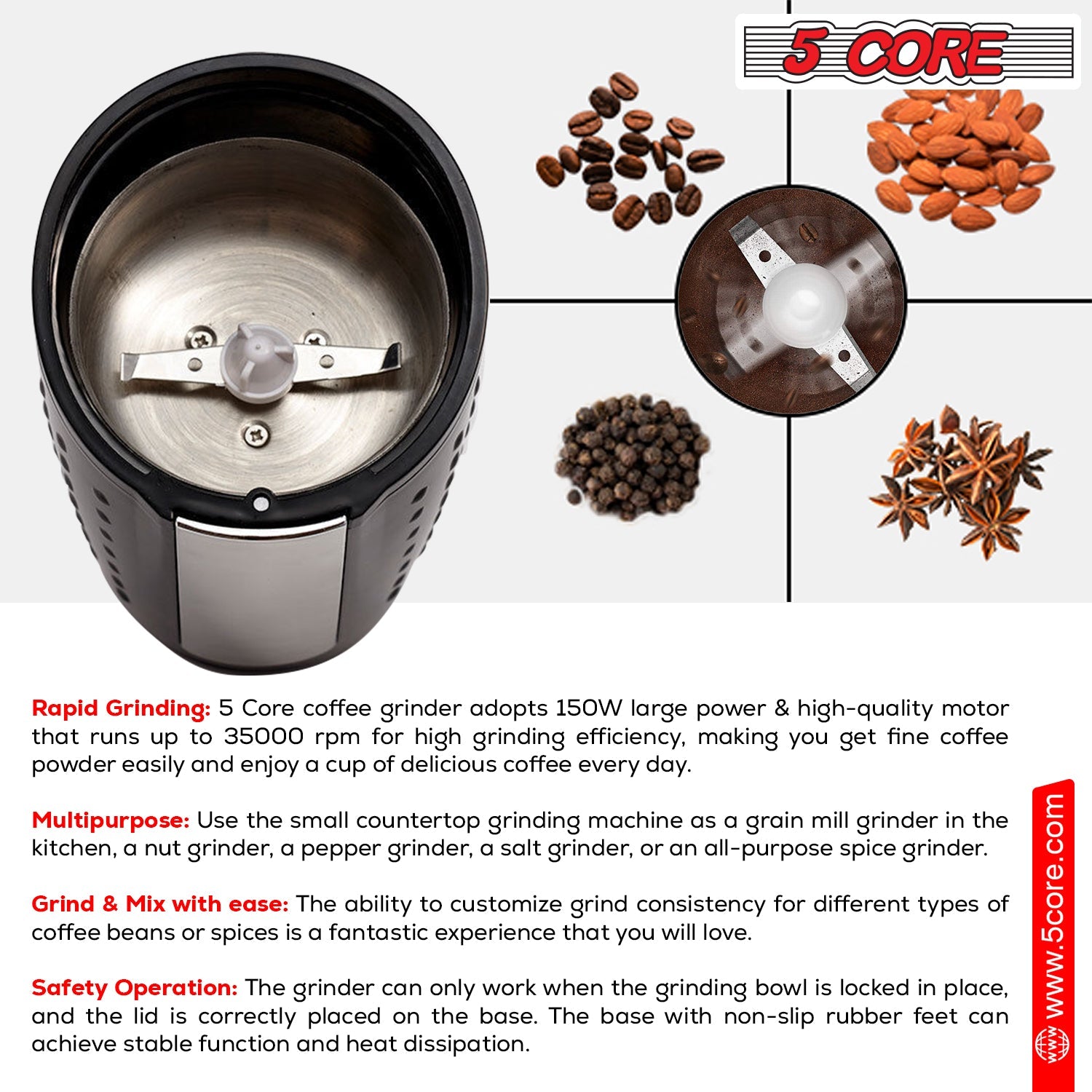 5 Core Coffee Grinder 85 Gram Capacity 150W Electric Bean Spice - Horizon Bliss