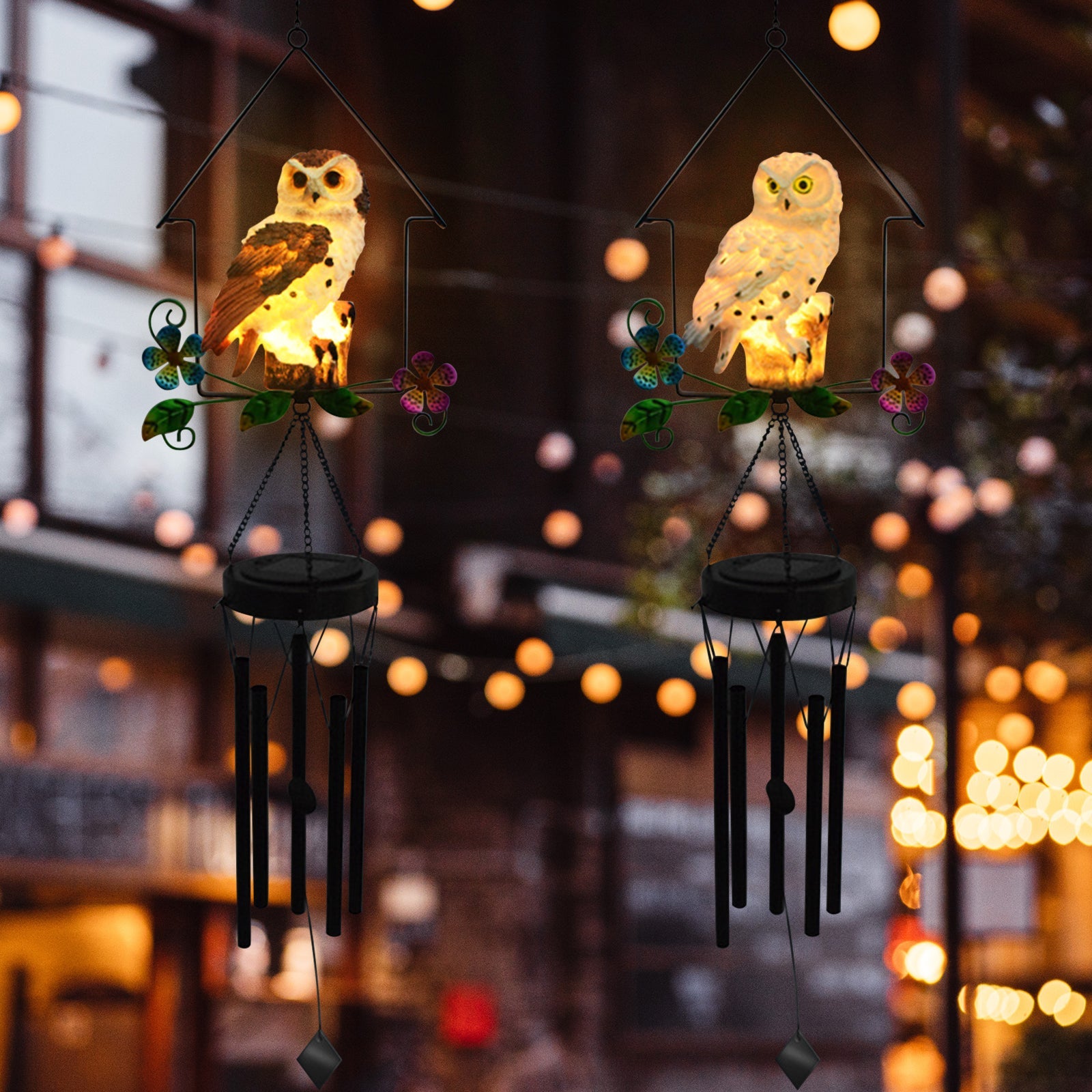 Solar Owl Wind Chime Light Outdoor LED Bird Sculpture Hanging Lamp - Horizon Bliss