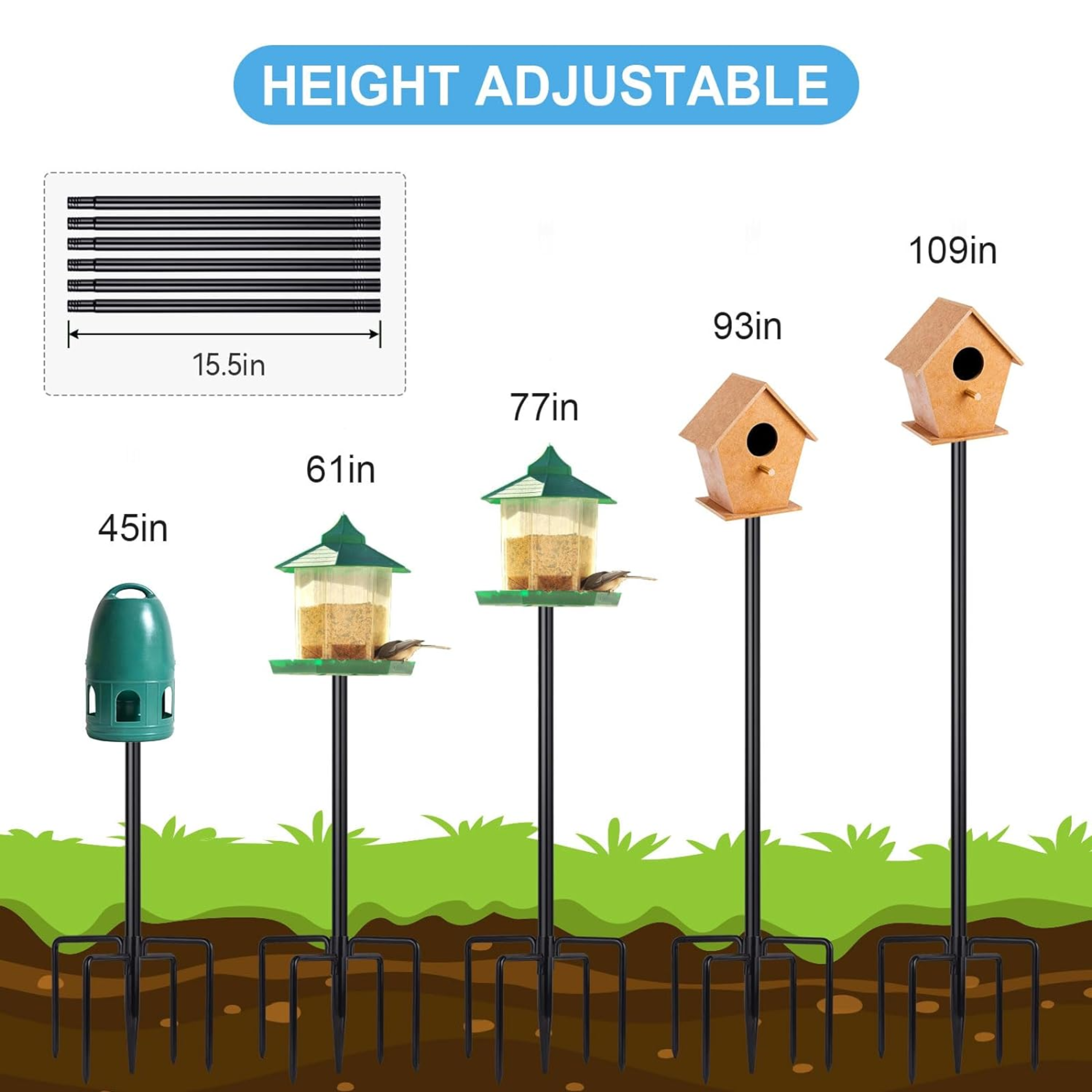 Bird House Pole, 1 Pack 109 Inch Heavy Duty Bird Feeder Pole Mount Kit with 5 Prongs Base for Outdoors, Adjustable Bird Feeder Stand for Wild Birds Watching (Bird House Not Included) - Horizon Bliss