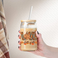 16oz Love Fall Yall Design Glass Cup with Bamboo Lid & Straw #100168