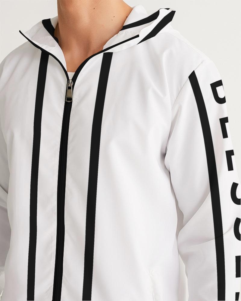 Mens Hooded Windbreaker - Blessed Sleeve Stripe White Water Resistant - Horizon Bliss