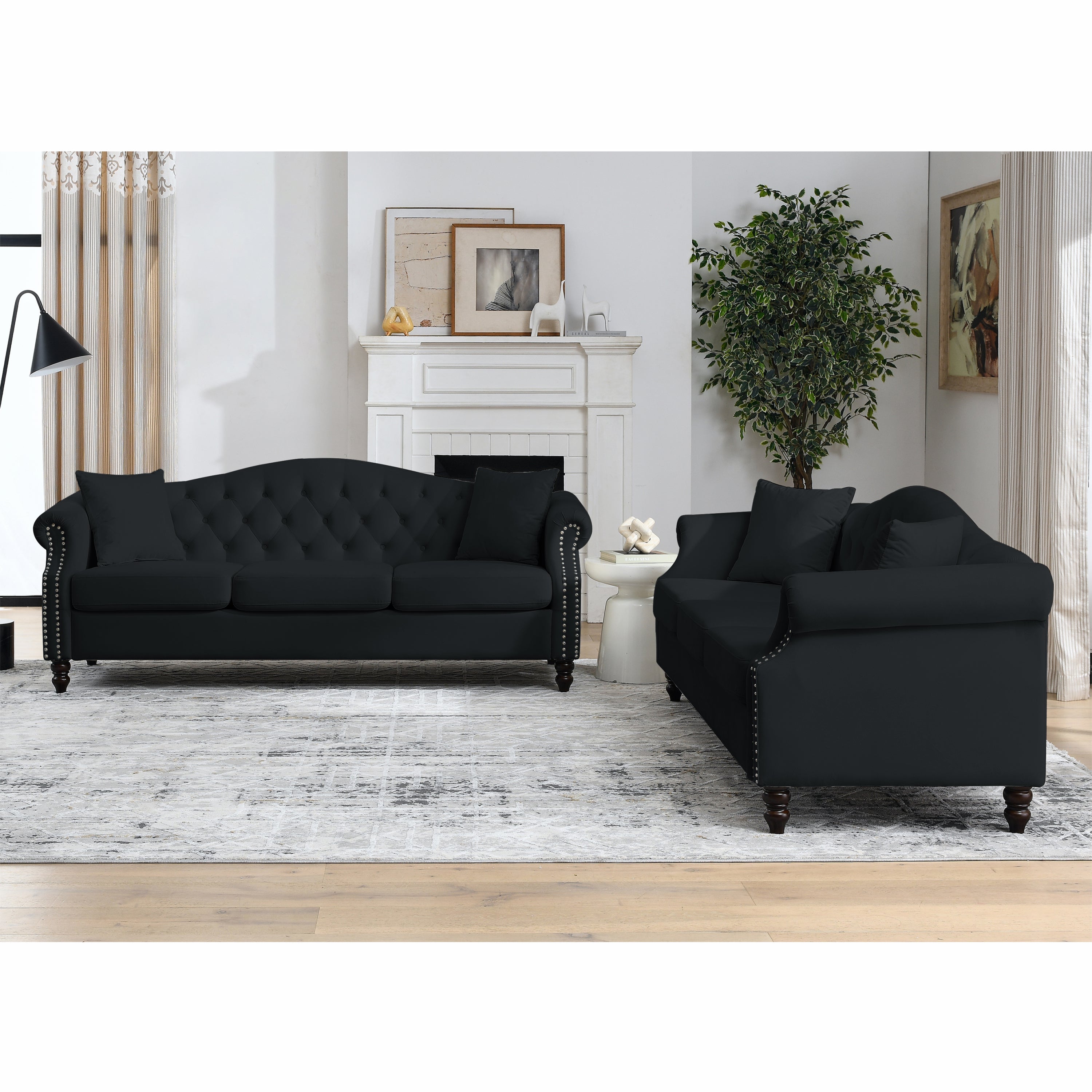 79" Chesterfield Sofa Black Velvet for Living Room, 3 Seater Sofa - Horizon Bliss