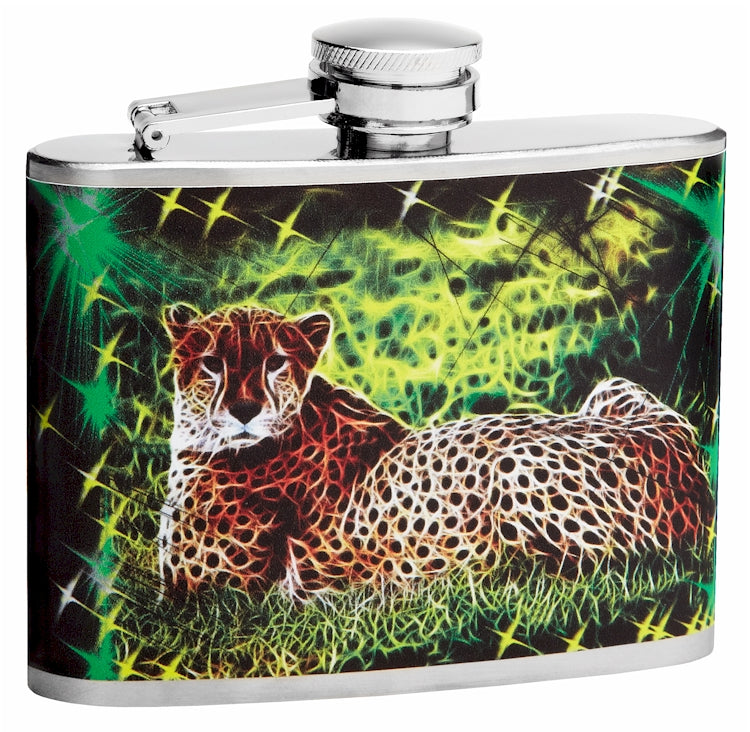 4oz Trippy Mystical Leopard Flasks with Cycledelic Background