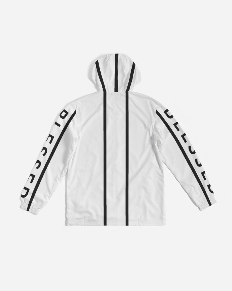 Mens Hooded Windbreaker - Blessed Sleeve Stripe White Water Resistant - Horizon Bliss