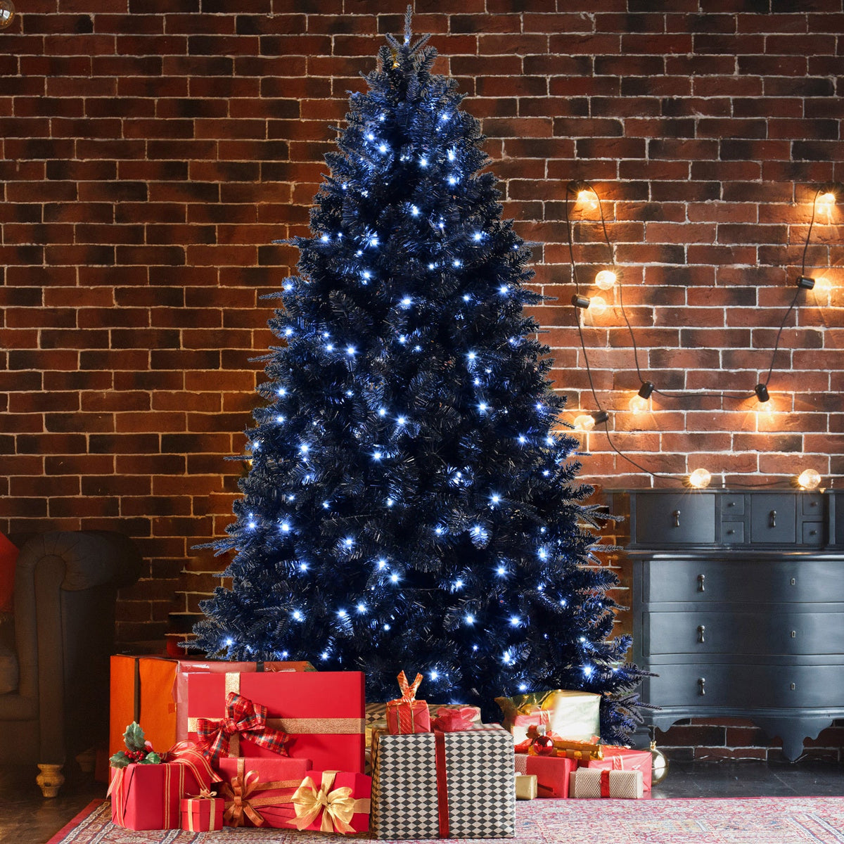 8ft Pre-Lit Black Christmas Tree, Full Halloween Xmas Artificial Tree