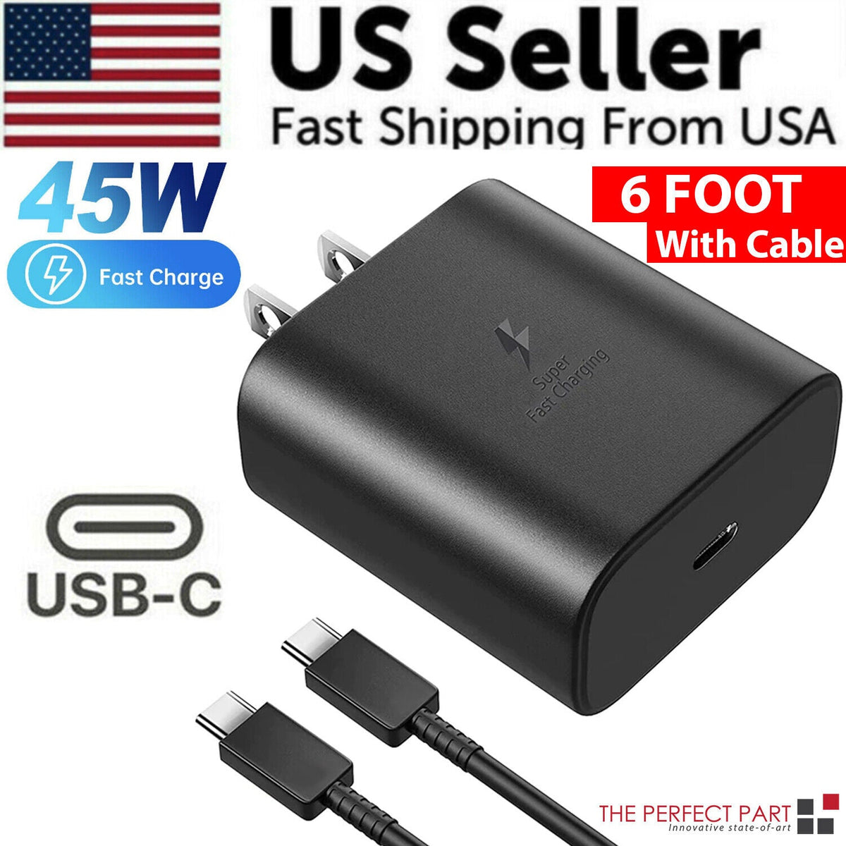 45W USB-C Super Fast Wall Charger + 6FT Cable For Samsung Galaxy S20