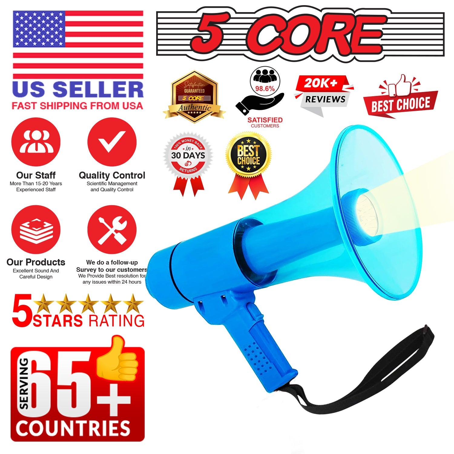 5Core Megaphone Portable 50W Bullhorn w Siren LED Light Adjustable - Horizon Bliss