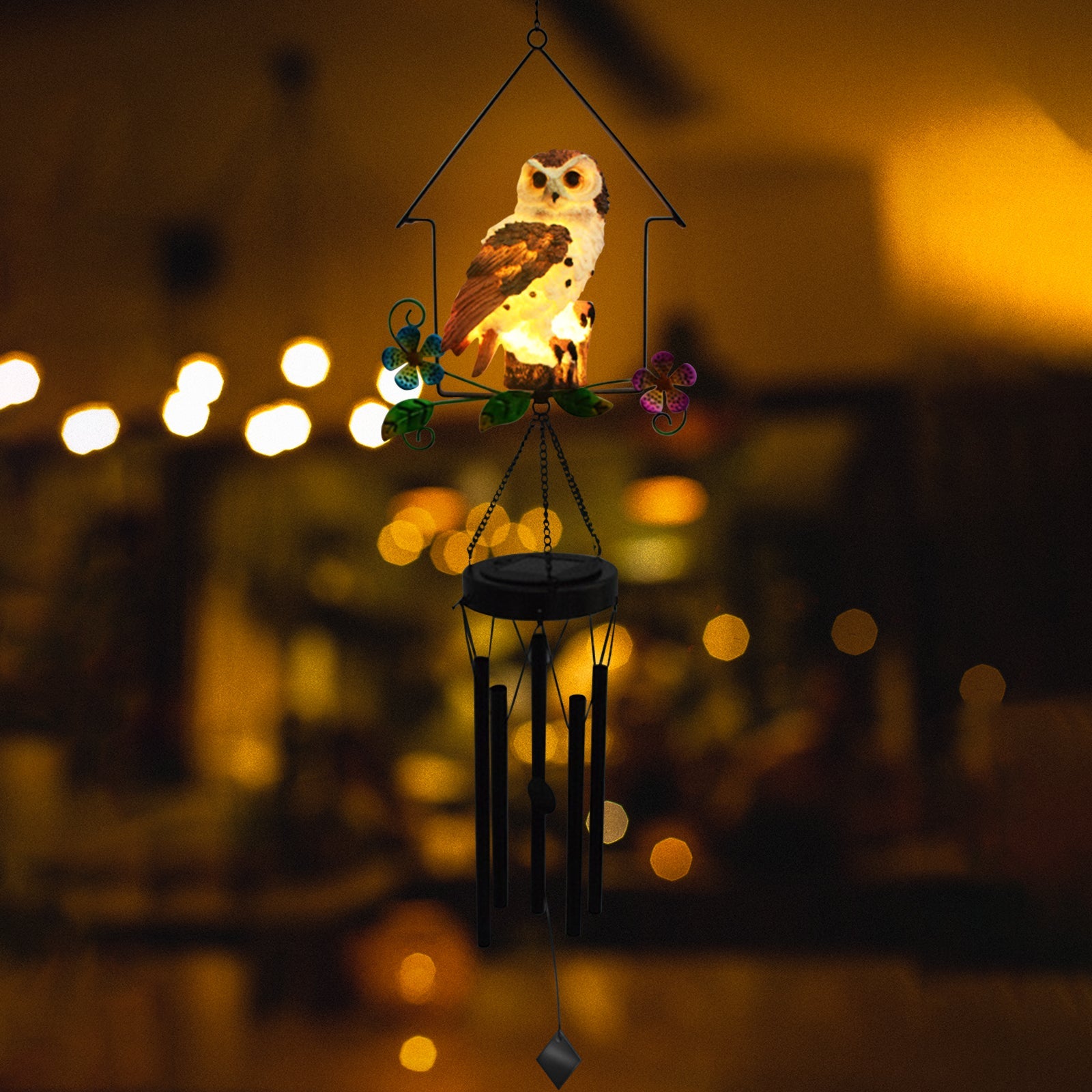 Solar Owl Wind Chime Light Outdoor LED Bird Sculpture Hanging Lamp - Horizon Bliss