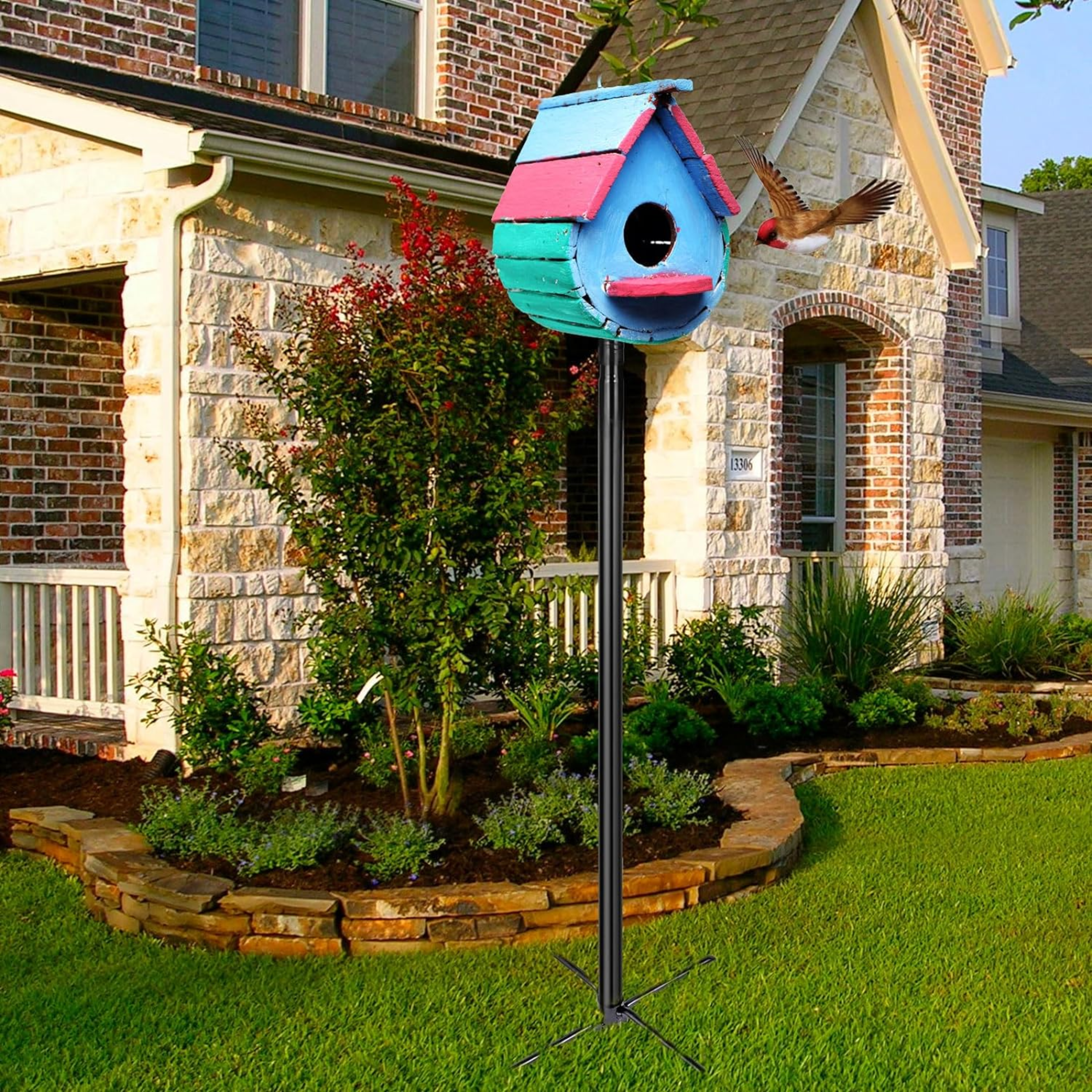 Bird House Pole, 1 Pack 109 Inch Heavy Duty Bird Feeder Pole Mount Kit with 5 Prongs Base for Outdoors, Adjustable Bird Feeder Stand for Wild Birds Watching (Bird House Not Included) - Horizon Bliss