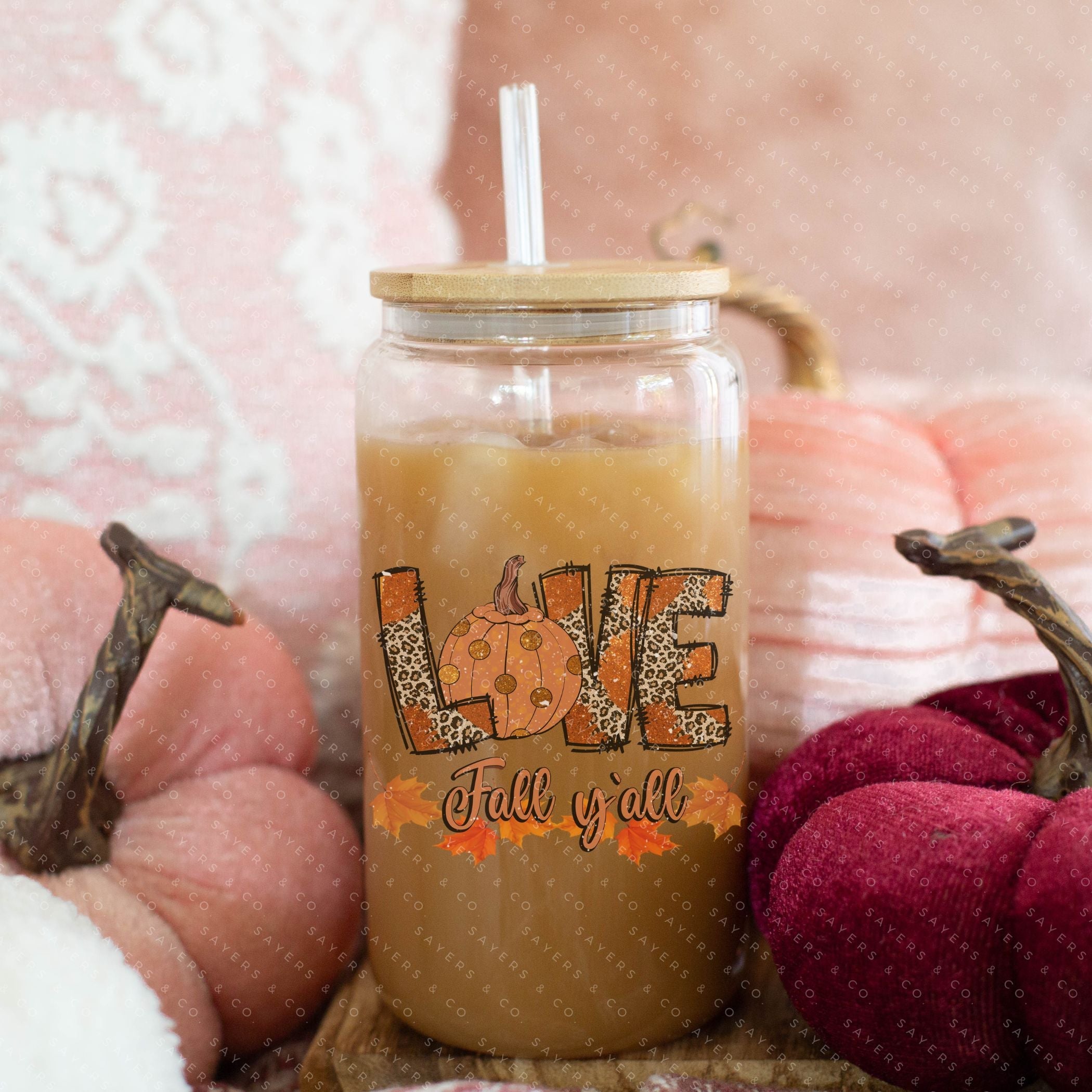 16oz Love Fall Yall Design Glass Cup with Bamboo Lid & Straw #100168